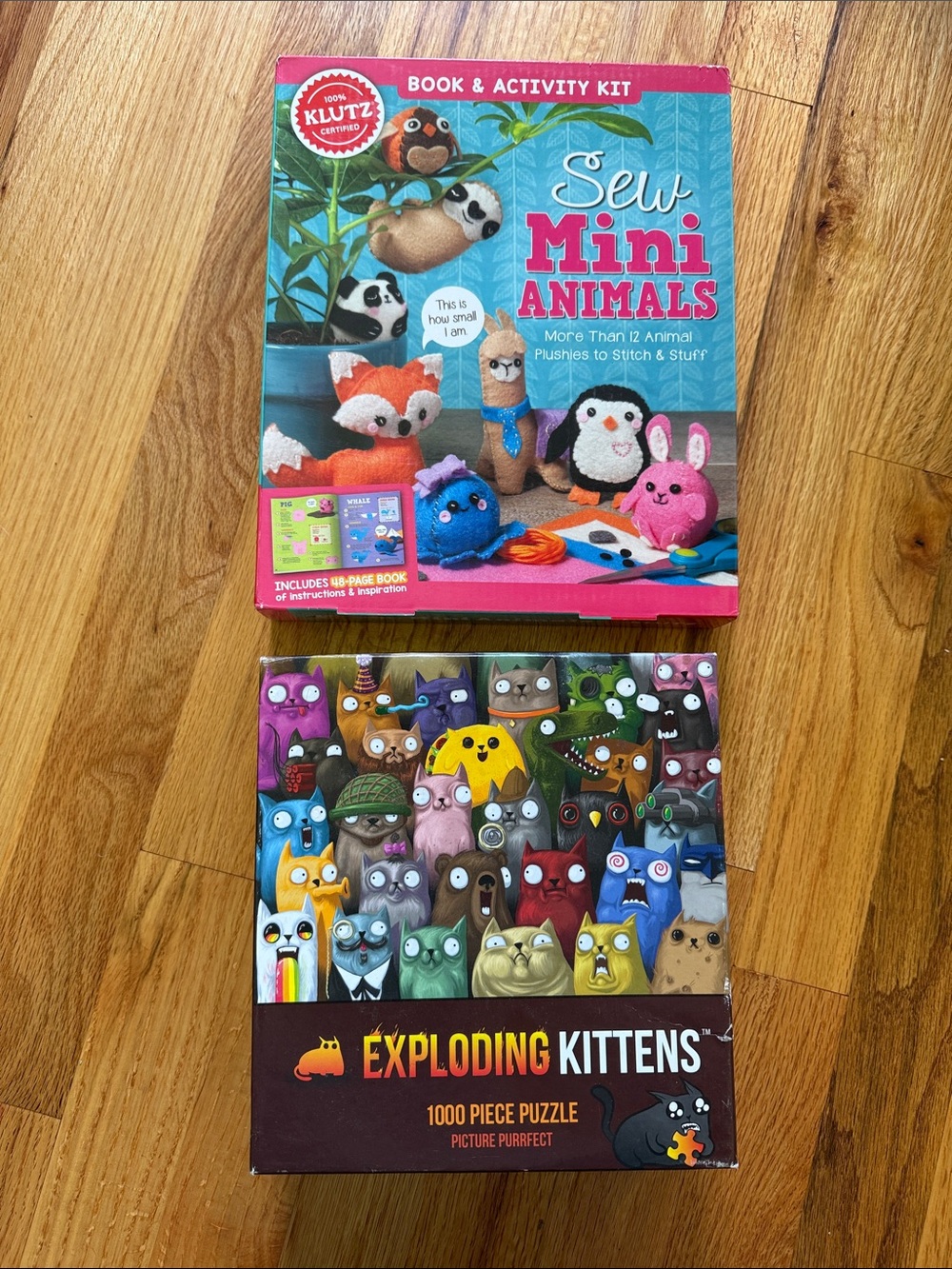 Exploding Kittens Puzzle & Sew Mini Animals Klutz craft kit both new in box